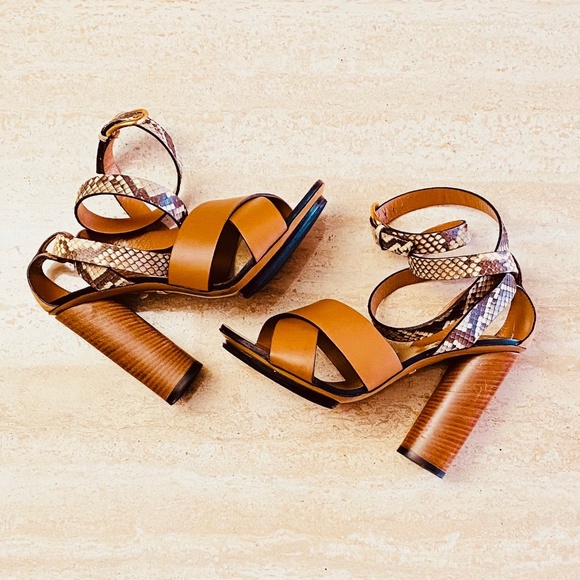 GUCCI Leather & Python Cross Ankle Wrap Heels - Picture 2 of 7